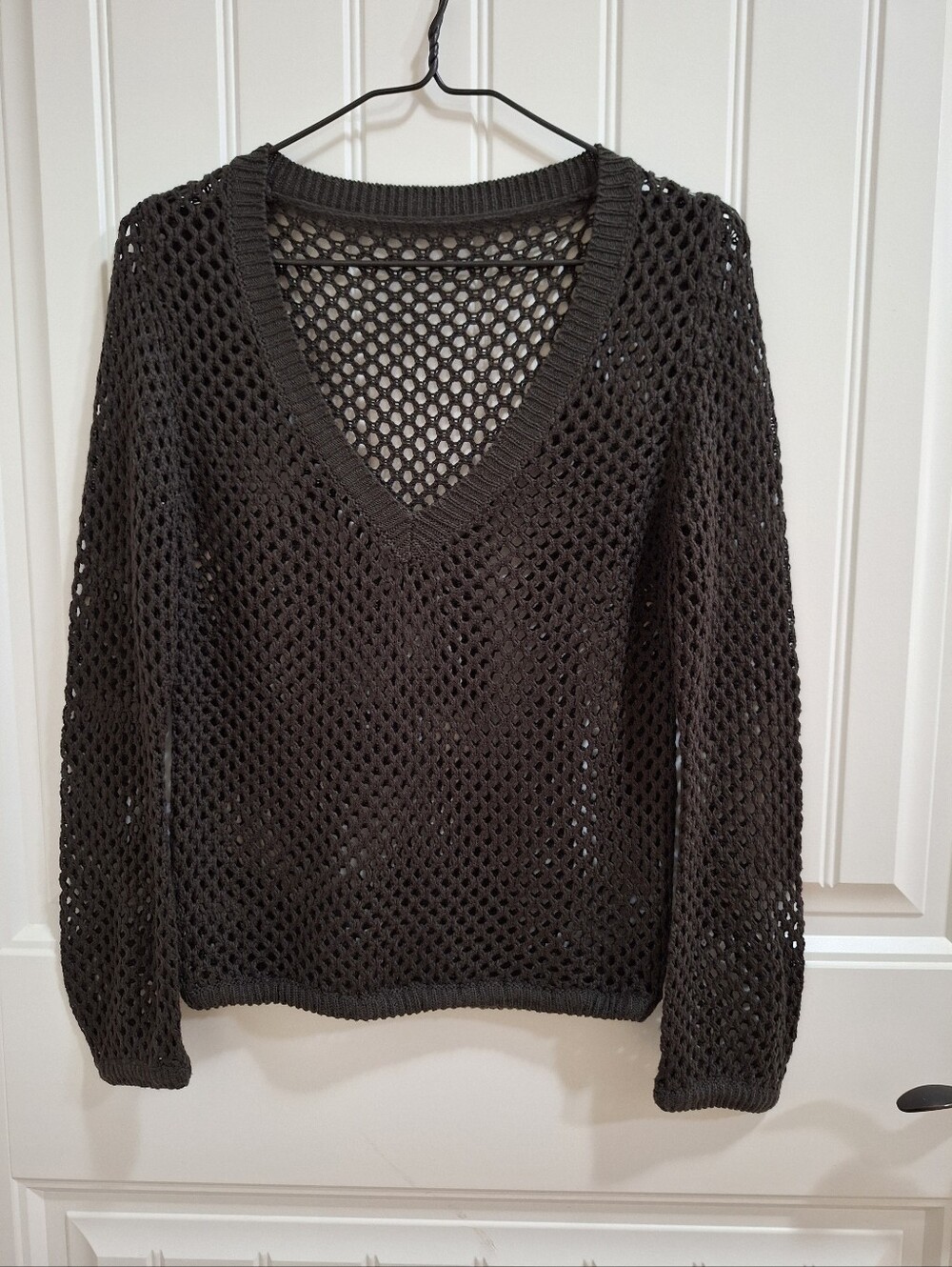 NWOT Dark Chocolate Open Knit Crochet V Neck Sweater Elastic Waist XS-S